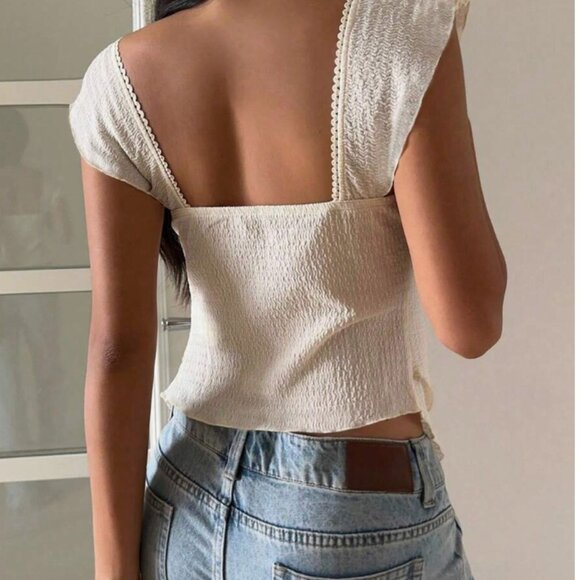 NEW Solid Color Textured Knit Double-Layer Ruffled Hem Sweetheart Neck Cap - Picture 7 of 7